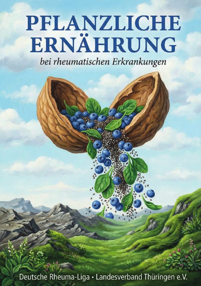 Umschlag der Broschüre: Eine aufgebrochene Walnuss, aus der Heidelbeeren, Chiasamen und Blätter über eine Berglandschaft rieseln.